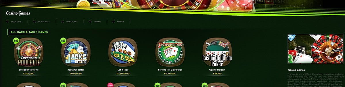888casino Masa Oyunları Kataloqu
